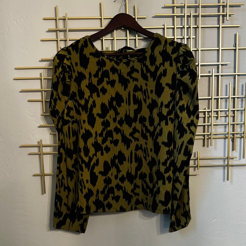 SHEIN Olive Green & Black Leopard Print Puff Sleeve Blouse Size L